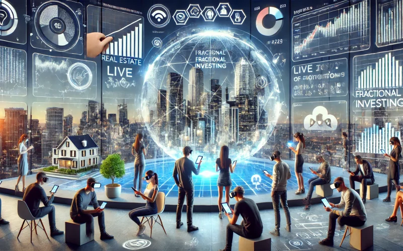 The background features a large holographic display showing real-time market data, symbolizing the transparency and accessibility of investments in this era. With a sleek, modern office setting and a city skyline visible through the windows, the image reflects the innovative changes in finance and the democratization of wealth through technology.